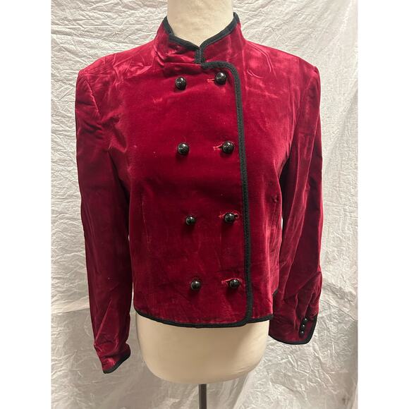 Vintage 1980s Jaeger Cherry Red Velvet Bellhop Tuxedo Style Jacket - Picture 1 of 6